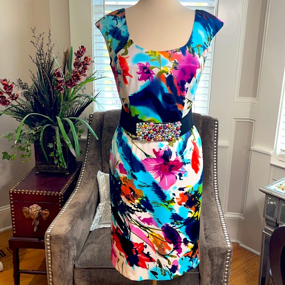 Joseph Ribkoff S 8 Gorgeous dress beautiful colors feels like satin and is lined - Picture 2 of 6